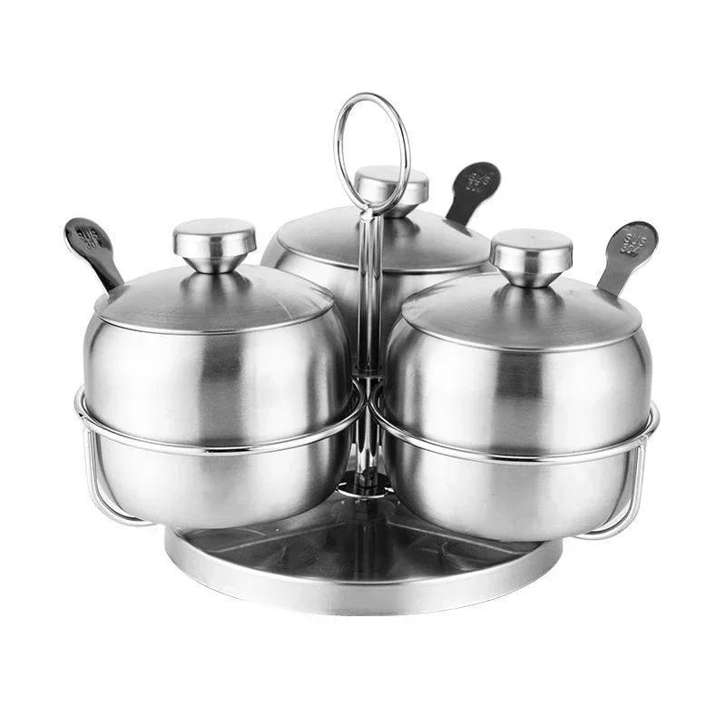 Банки для приправ из нержавеющей стали 304 Креативная вращающаяся на 360° солонка, сахарница, банка для специй с крышкой, кухонная бутылка для приправ с ложкой