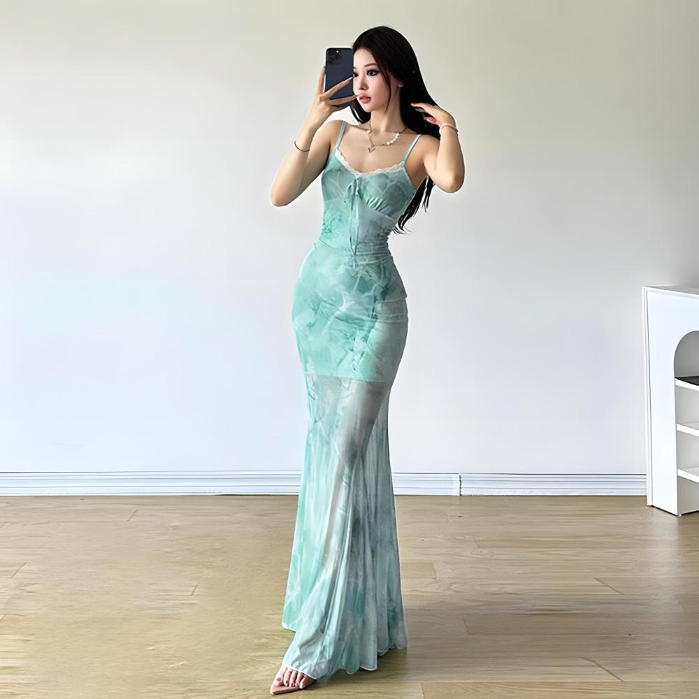 Летнее новое чистое желание стиль отпуска приморское платье на бретелях повседневное с сеткой и принтом бабочек платье-годе с облегающим бедра подолом