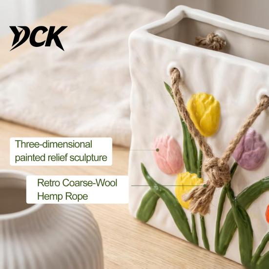Elegant Ceramic Purse Vase Handbag Shaped Vase, Tulip Flower Embossed Modern Large Tote Bag Home Decor Ornament Storage Box with Jute Rope for