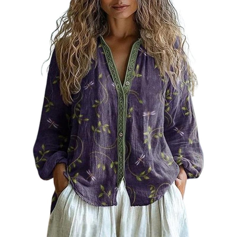 2025 Винтажный топ с фиолетовым цветочным принтом, воротником-стойкой и длинными рукавами