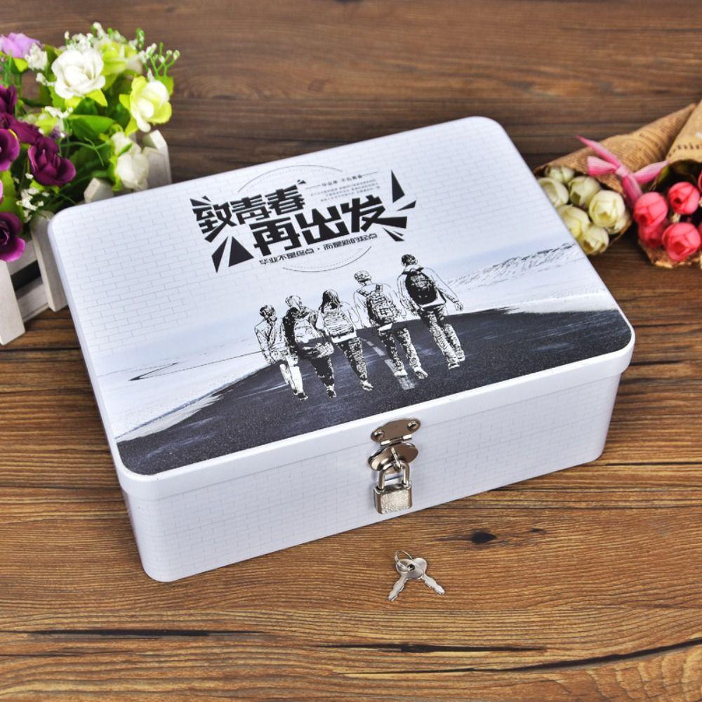 Vintage Tinplate Box with Lock Key Metal Box Durable Makeup Box