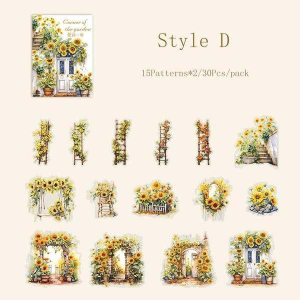 Серия наклеек «Садовый уголок» - 30 штук природы, подсолнухов и уютных интерьеров для ведения дневника и DIY-проектов