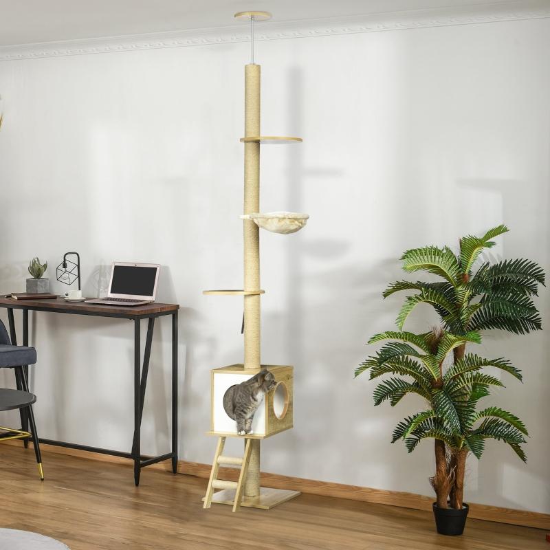 Cat tree, ceiling-high, cat house, two platforms, hammock, anti-tip device, light brown+beige, 40 x 40 x 260 cm