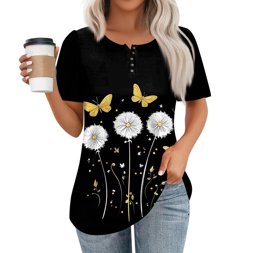 Женский модный повседневный короткий рукав пуловер с принтом на пуговицах и круглым вырезом