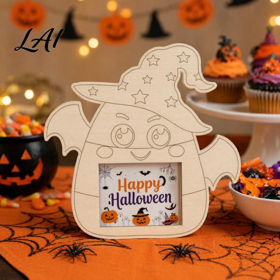 Unfinished Wood Pumpkin Decor DIY Photo Frame Wooden Halloween Picture Frame for Kids Crafts Party Activity Kit Hollow Tabletop Display Holiday Gift