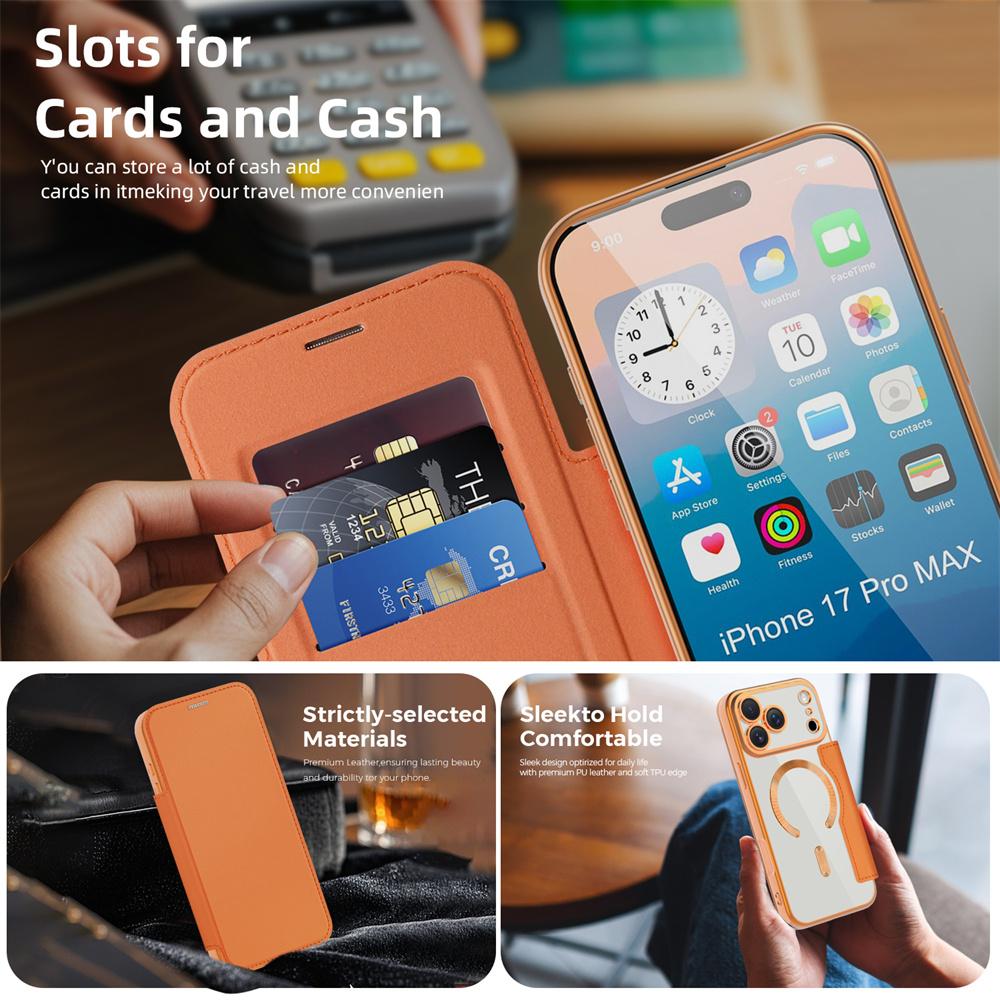 For Magsafe Clear Flip Leather Slot Card Bag Holder Magnetic Phone Case For 17 Pro Max Air Wireless Charging Wallet Cover