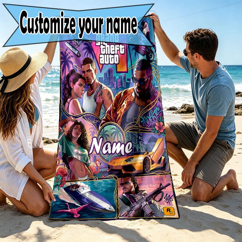 Custom Name Personalized Grand Theft Auto Print Beach Towel, for Trip Camping Beach Party Home Decor, Birthday Gift for Family & Friends