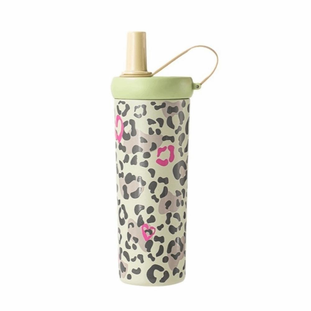 Leopard Pattern Straw Thermos Cup Stainless Steel Drinking Straw Cup Outdoor Insulated Mug Running