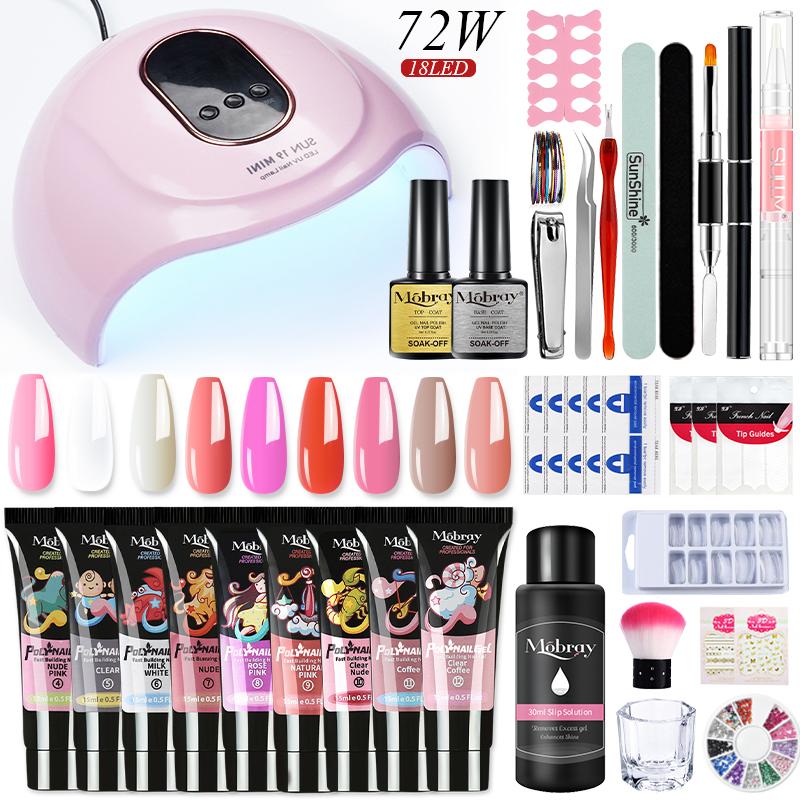 Mobray Poly Nail Gel Set Nail Extension Glitter Gel With 72/6W UV LED Lamp Nail Building Jelly Nail Gel Polish Set Manicure Tool