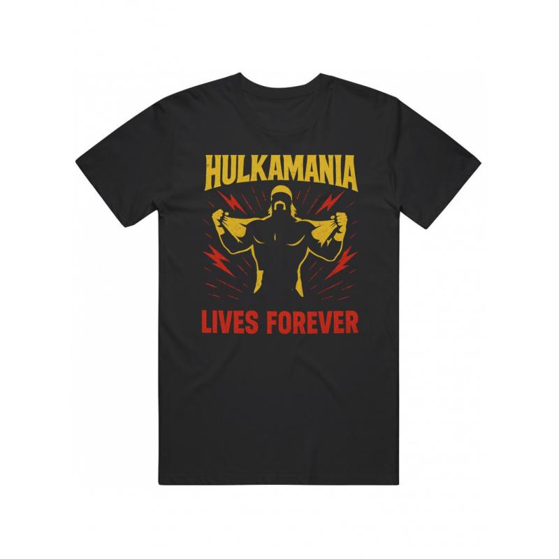 Hulkamania Lives Forever Hogan Fan T-Shirt- Black with Bold Yellow And Red Graphic Print, Men'S Short Sleeve T-Shirt, All-Season Casual Wear,