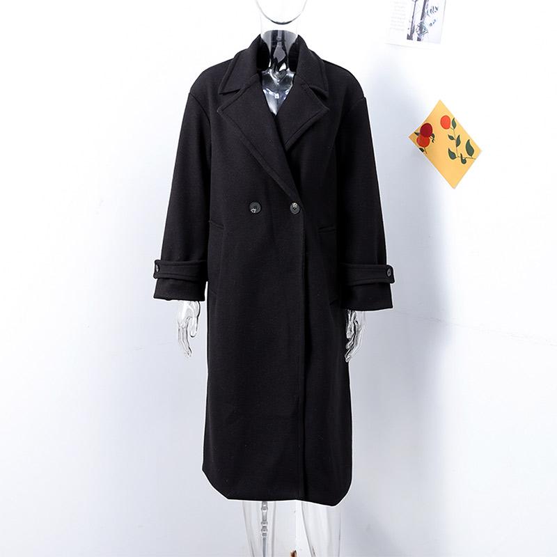 Женская мода шерстяная смесь теплое длинное пальто осень-зима свободный карман двубортный пиджак элегантное пальто с лацканами