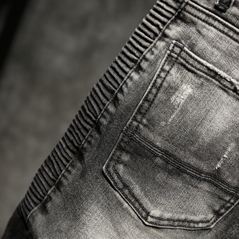 Новые европейские и американские черные мужские микроэластичные джинсы с рваными отверстиями, облегающие мотоциклетные брюки с небольшой складкой на ноге