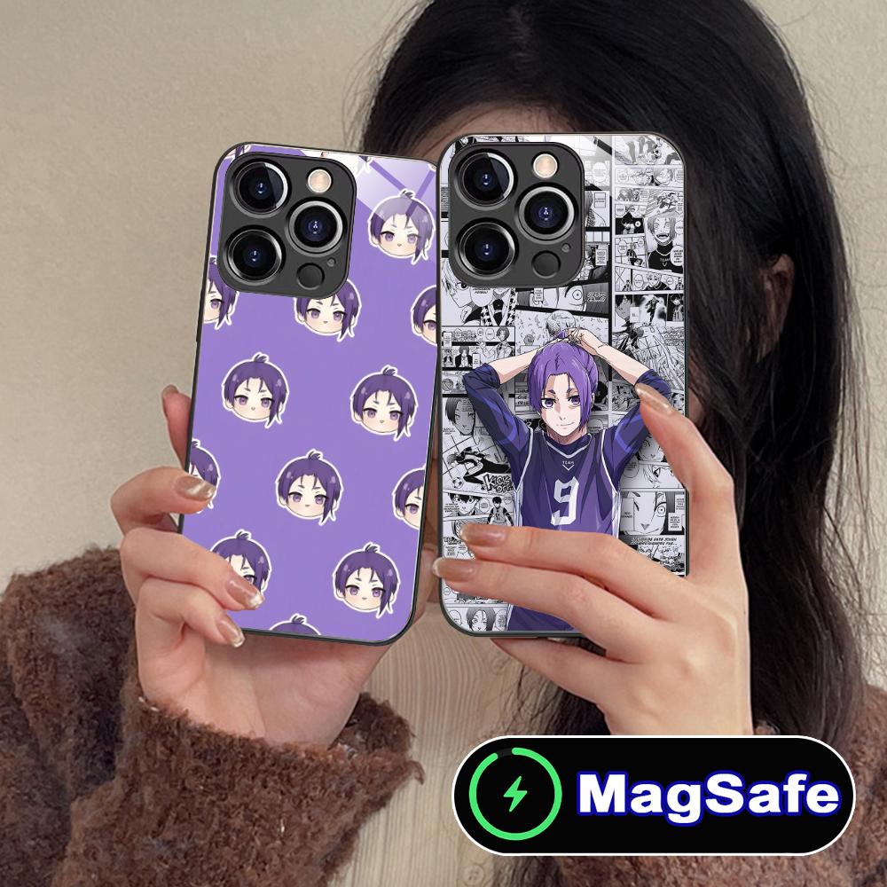 Blue Lock Reo Mikage Glass MagSafe Mobile Phone Case for iPhone 17 16 15 14 13 12 11 Air Pro Max Plus Mini Colorful Cover