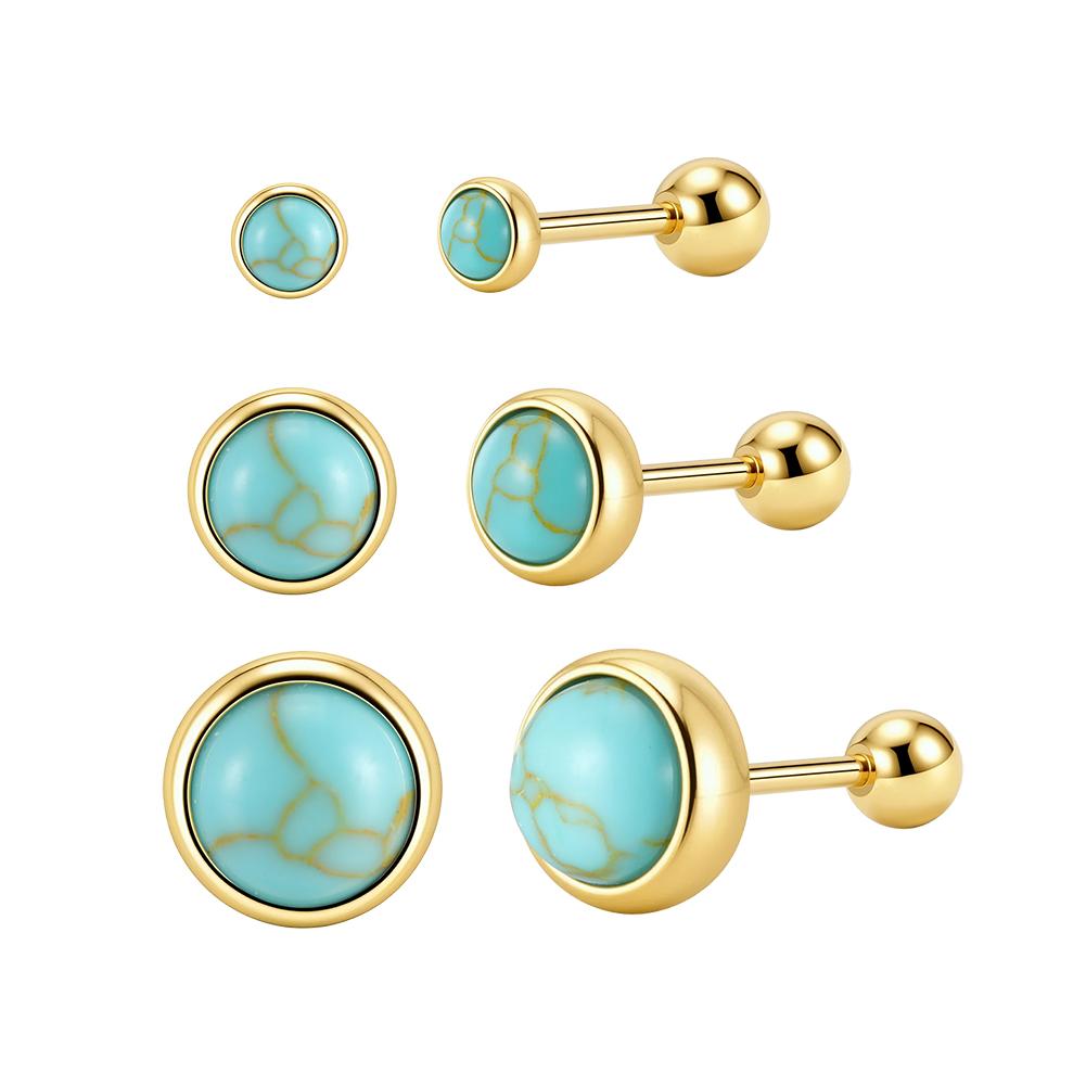 Rinntin GME52 925 Sterling Silver Turquoise Stud Earrings Women Gold Plated Round Minimalist Ball Piercing Boho Jewelry