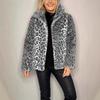 2025 Women's Faux Fur Coat With Leopard Print Collar - Winter Wool Blend Jacket, Fashion Animal Print Notch Lapel Cruelty-Free Statement Outerwear