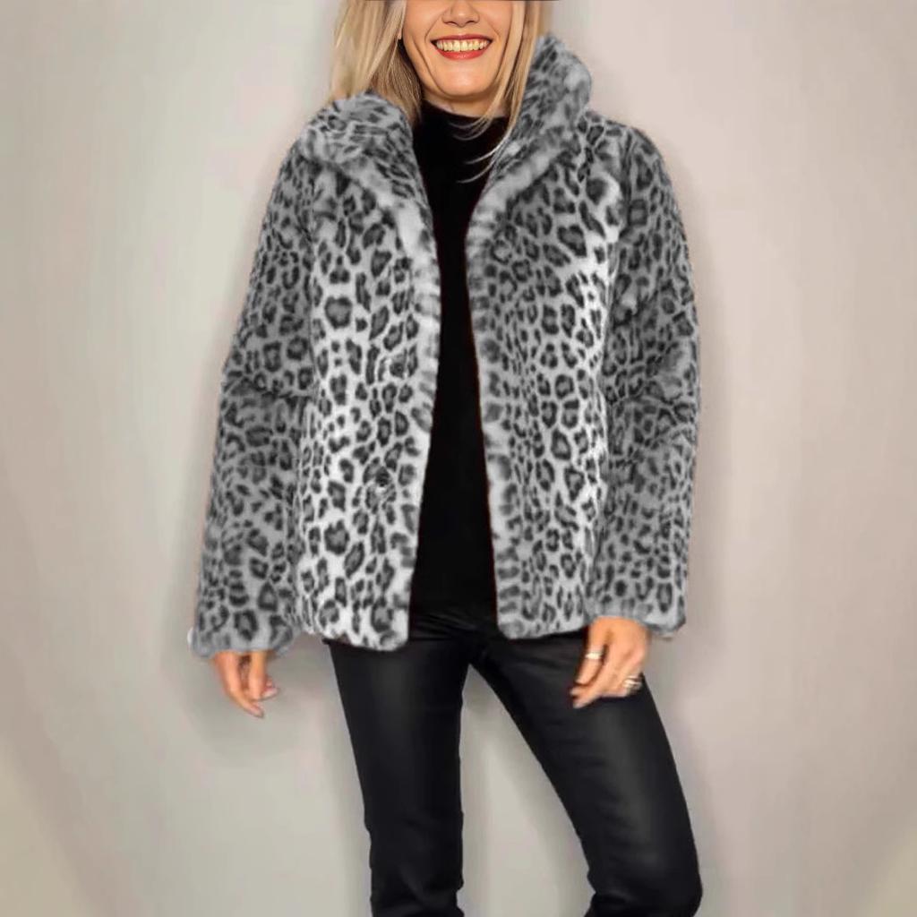 2025 Women's Faux Fur Coat With Leopard Print Collar - Winter Wool Blend Jacket, Fashion Animal Print Notch Lapel Cruelty-Free Statement Outerwear