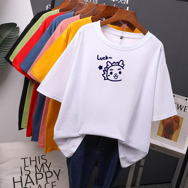 Женские хлопковые летние футболки больших размеров «Luck», милая свободная футболка с принтом, мягкий женский джемпер, топ