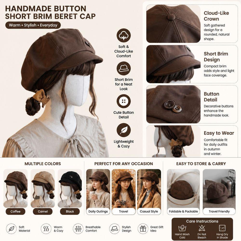 Handmade Beret Cap Button Cloud-Like Hat New Newsboy Cap Autumn Winter Wear