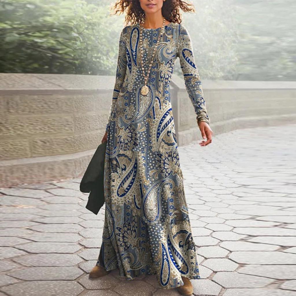 Women's Autumn And Winter Dress O-Neck  Long Sleeve Digital Print Round Neck Long Sleeve  Dress