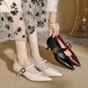 Pointed Retro Single Shoes Women's Middle Heel 2025 New One-word Strap High Heels Stiletto Soft Leather French Mary Jane Women's Shoes