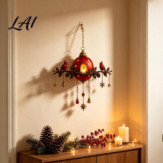 Vintage Style Holiday Decor Lighted Red Berry Pine Ornament Bird Christmas Bell Winter Seasonal Hanging with Warm Glow Home Porch Fireplace
