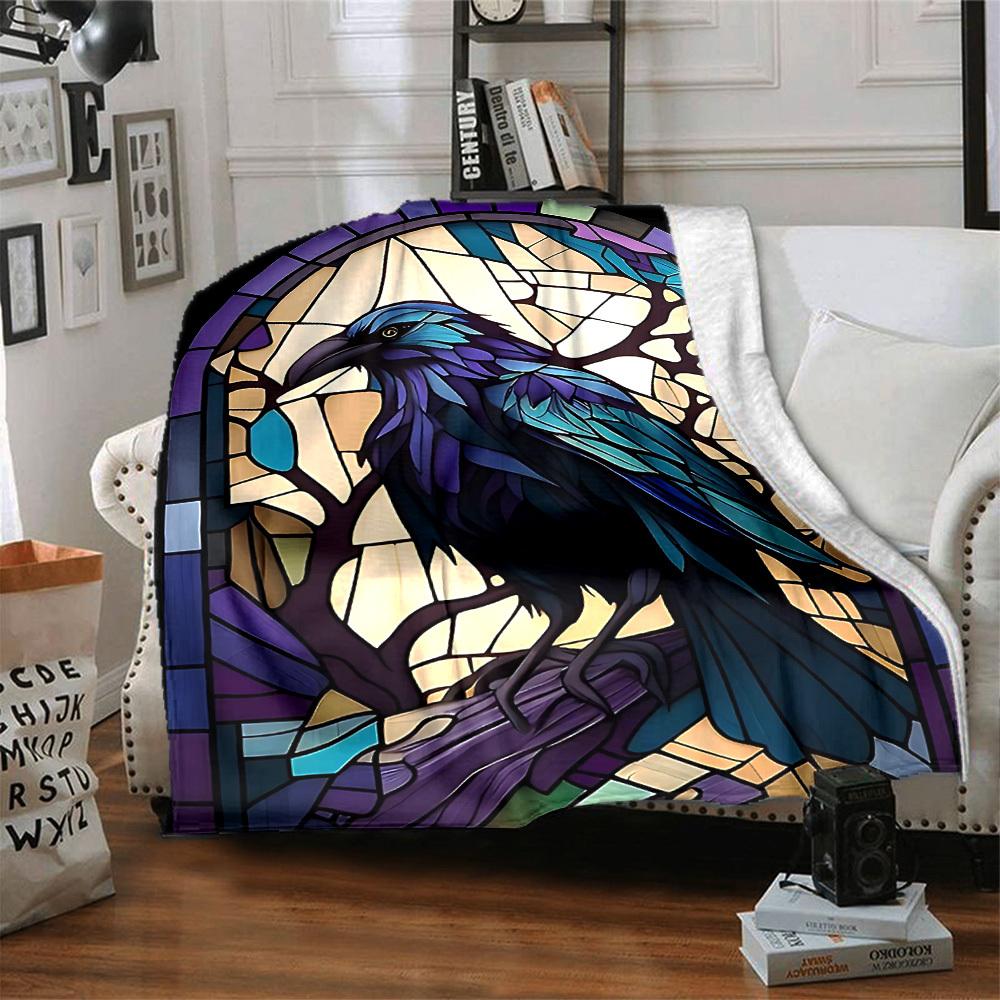 1pc Stained Glass Raven Print Blanket Lightweight Flannel Throw Blanket For Sofa, Bed, Living Room, Office, Outdoor Travel, Camping
