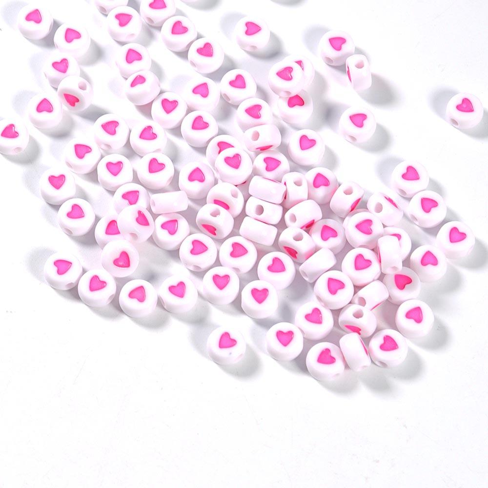 100Pcs 7mm Acrylic Flat Round Beads Colorful Heart Pattern Loose Spacer Beads For DIY Bracelets Earrings Making Supplies