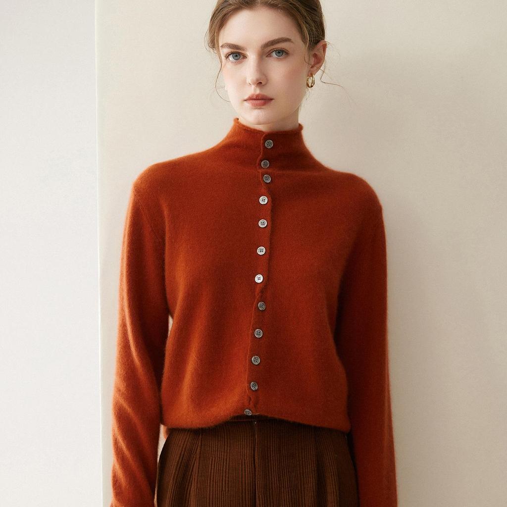 Women's Pure Cashmere Single-Breasted Sweater - Winter 2026, Solid Color, Gentle Style, Loose Fit, Slimming Design