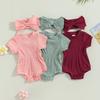 Baby Girls Jumpsuit Set Solid Color Ribbed Short Sleeve Romper with Bow Headband Summer Outfits