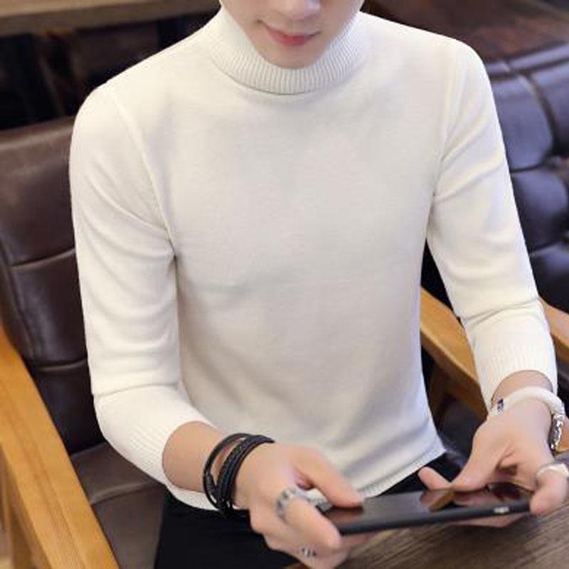Мужской корейский облегающий свитер с высоким воротом - однотонная вязка для осени и зимы