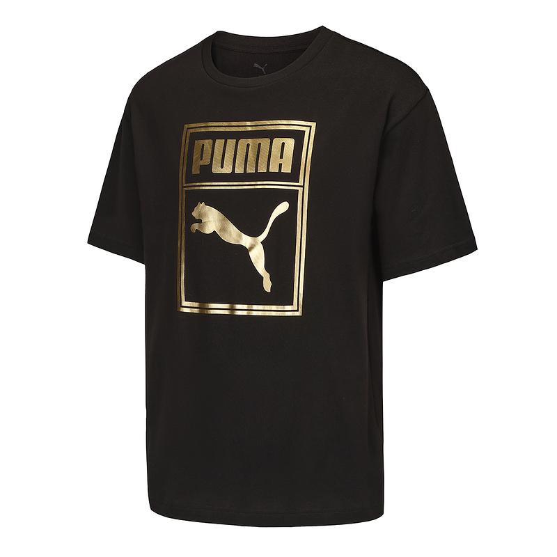 Puma Футболка с большим логотипом, золотой этикеткой, повседневная, спортивная, для бега, дышащая, с коротким рукавом, унисекс, топы, черная 689271-01
