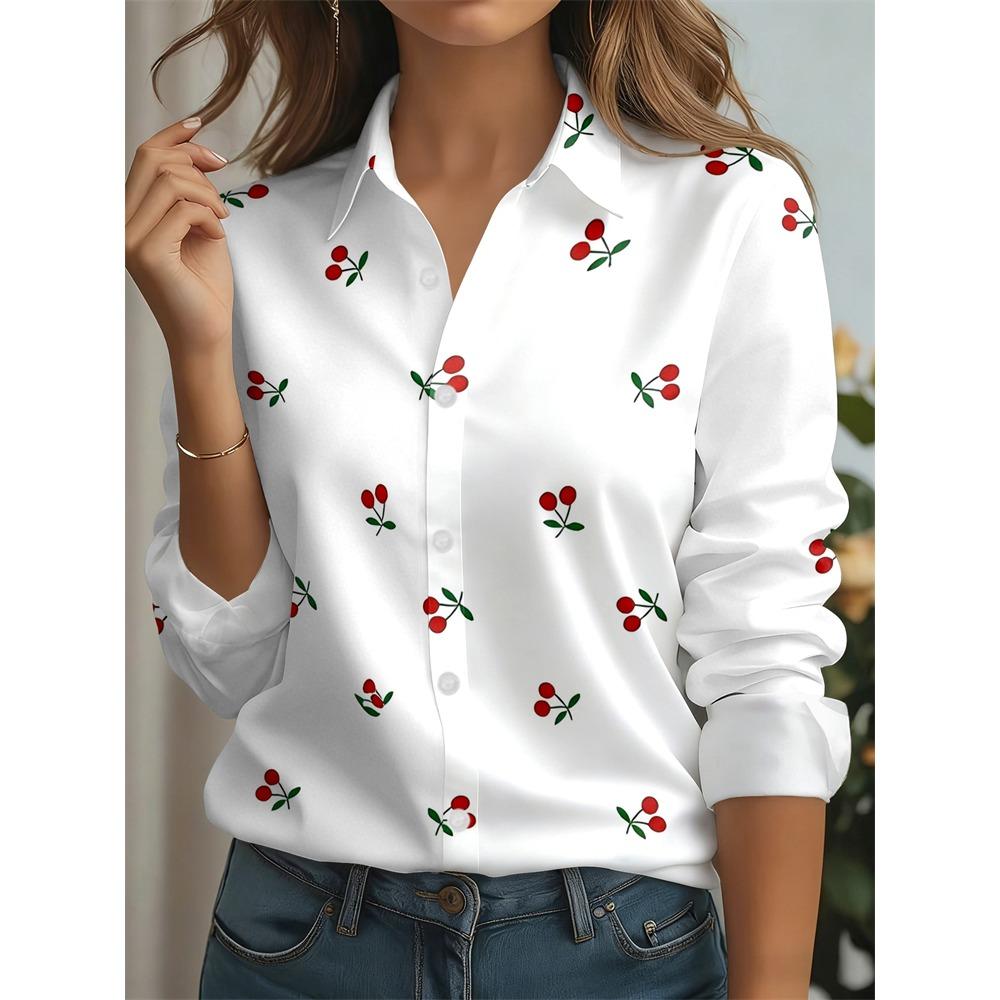 Women's Simple and Casual Long-Sleeve Shirt for Spring and Fall Elegant Floral Print Shirt with A