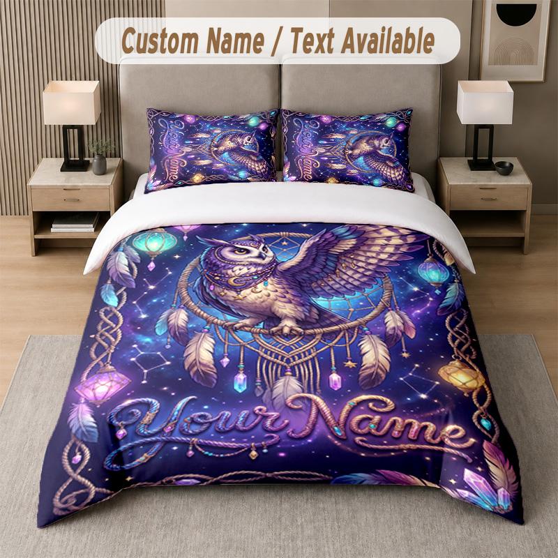 Owl Birds Theme Custom Text Or Name 3Pcs Bedding Set 1 Flat Sheet & 2 Pillowcases Personalized Home Bedding