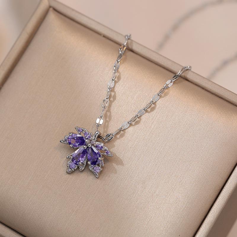 Purple Maple Leaf Zircon Titanium Steel Necklace - Fashionable, Simple, No-Fade Design for Women