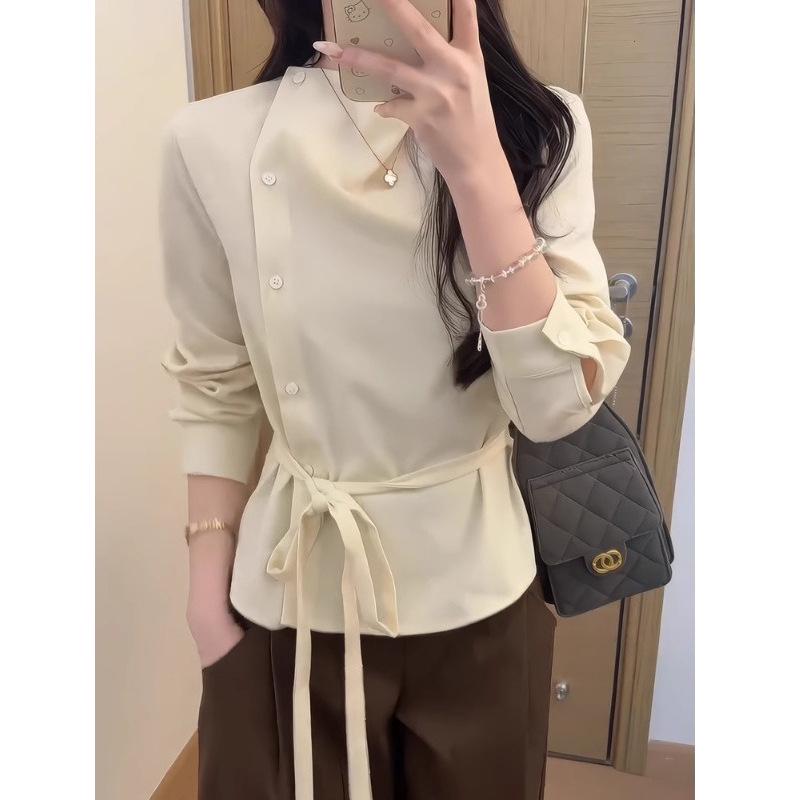 Original Fabric Asymmetrical Draped Collar Long Sleeve Women's Shirt with Diagonal Placket & Tie Waist in Apricot