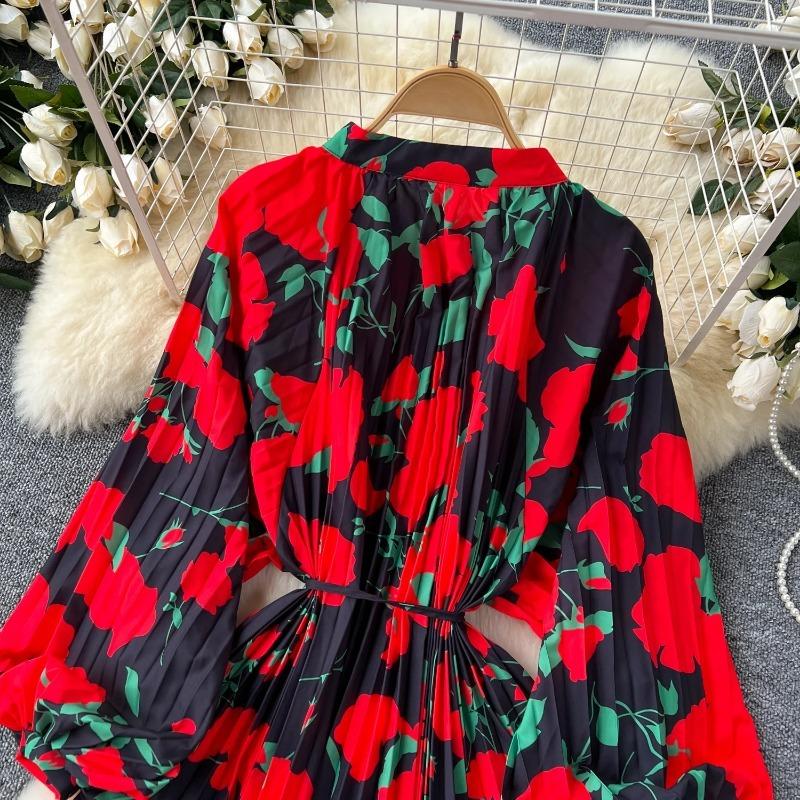 Женские платья макси в стиле «американский шик» с принтом, круглым вырезом и рукавами-фонариками, женские платья Vestidos De Mujer, платье-трапеция со шнуровкой