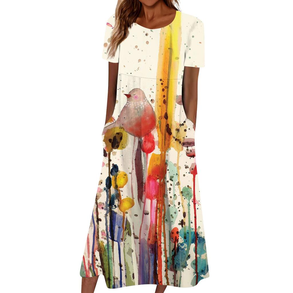 Летнее платье для женщин, повседневное пляжное свободное платье с v-образным вырезом и короткими рукавами с принтом