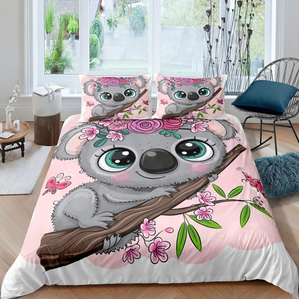 Koala Duvet Cover Set Blooming Floral Branch Bear Comforter Palm Tree Leaf Wildlife Cartoon Polyester Quilt