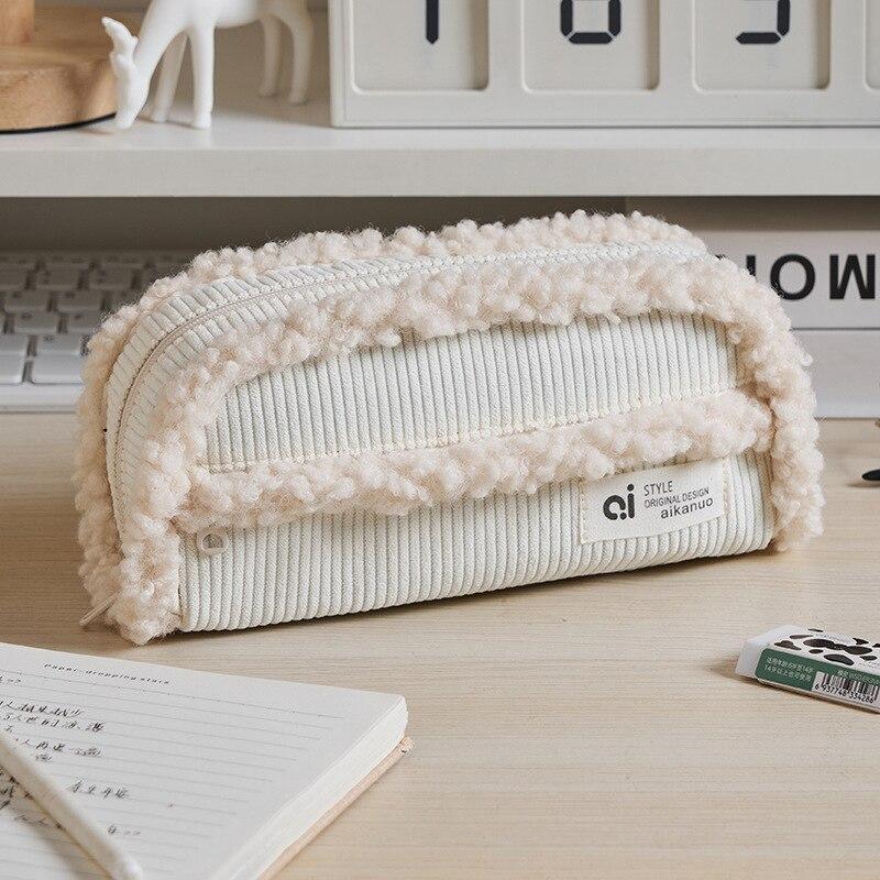 Creative Pencil Case Winter Fashion Simplicity Solid Color Wool Corduroy Pencil Bag High Capacity Stationery Storage Bag Student