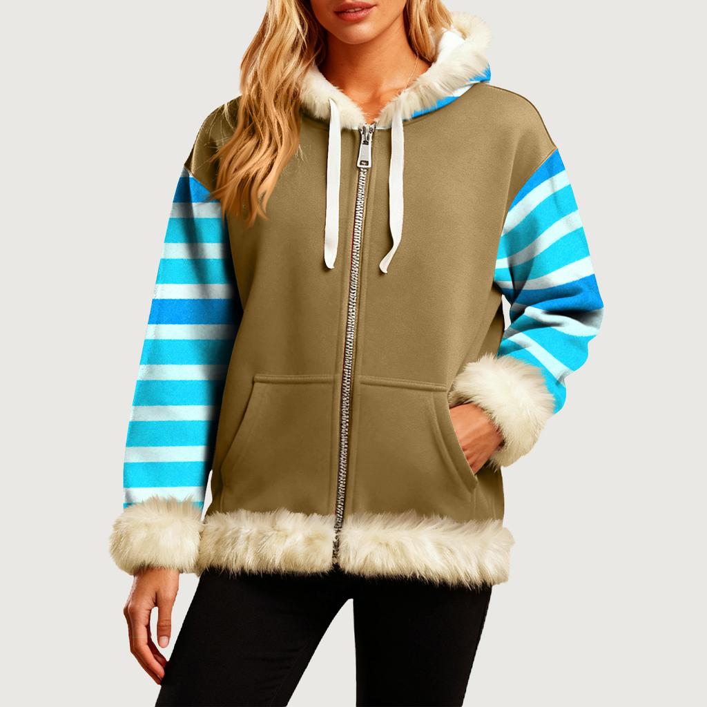 Женская Удобная Свободная Модная Повседневная Толстовка-Куртка с Длинным Рукавом, Карманами и Капюшоном с Полосатым Принтом