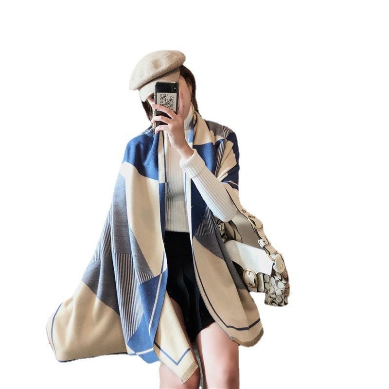 Autumn and Winter New Double-sided Geometric Imitation Cashmere Scarf Women's High-end Feeling Thick Warm Thickened Shawl Scarf
