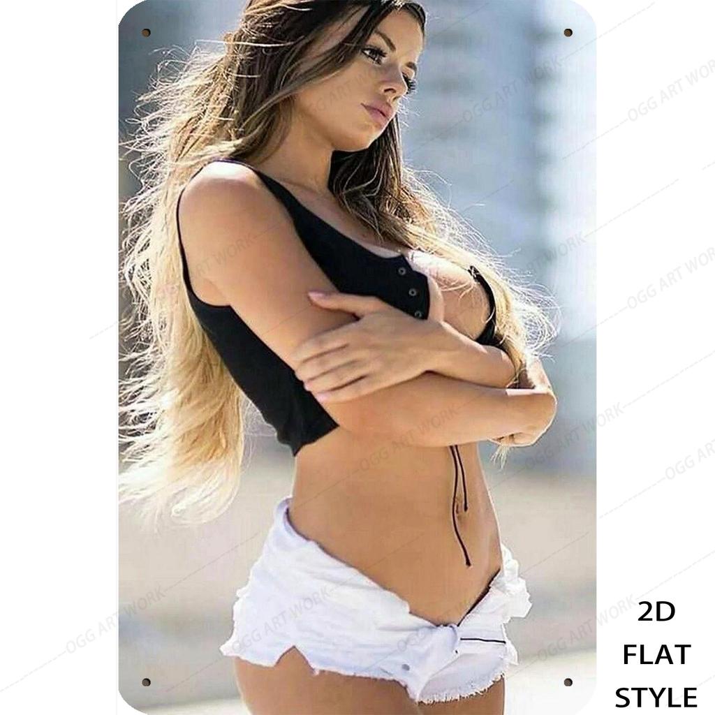 HD Metal Tin Sign Gorgeous Woman In Black Crop Top White Shorts Beach Scene Vintage Wall Art Plaque Retro D Decor for Home Ba