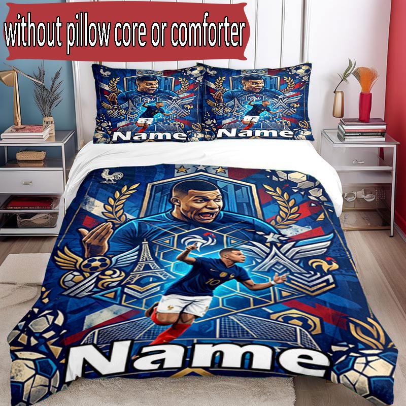 3pcs Duvet Cover Set (1*Duvet Cover + 2*Pillowcase, Without Core), Custom Name Kylian Mbappe Pattern Bedding Set, Home Bedroom Decor Gift