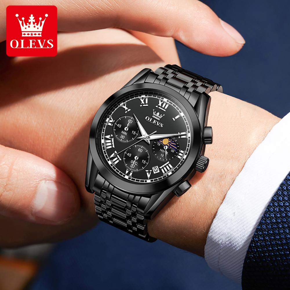 OLEVS 2871 Top Original Quartz Watch for Men Solid Steel Strap Roman Scale Classic Chronograph Moon Phase Calendar Men's Watches