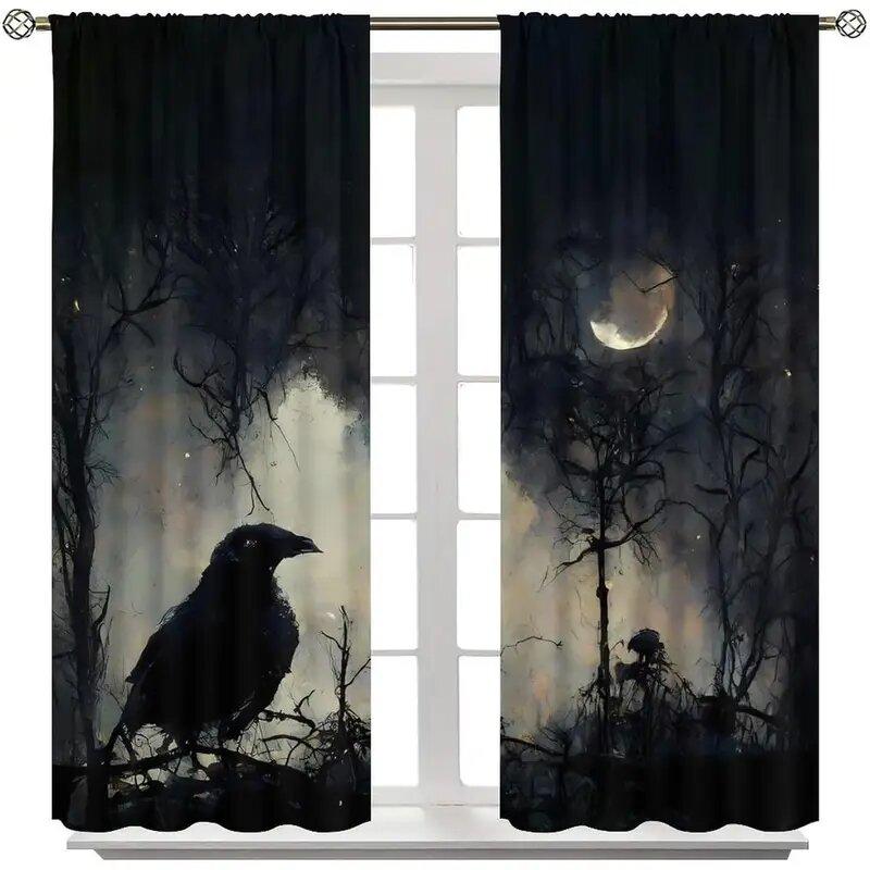 2 шт. - Готические черные шторы с принтом птиц и ворон, оконные украшения, домашние украшения, украшения для комнаты