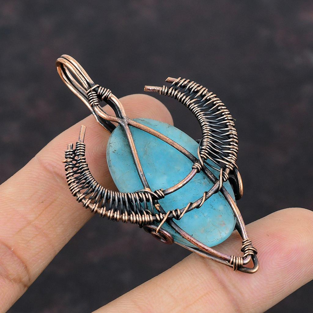 Кулон с гемиморфитом и драгоценным камнем, кулон в медной проволоке, кулон в форме лица быка, медные украшения ручной работы, подарок для него, ювелирные изделия в проволочной оболочке