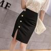 Summer New Button Split Short Skirts High Waisted Elastic Professional OL Women's Patchwork Zipper Bag Black Wrap Hip Half Skirt