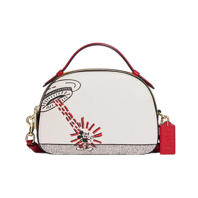 Coach Disney Disney Коллаборация X Кит Харинг Серена 21 Микки Маус Молния Текстурированная Кожаная Сумка на Плечо Сумка Кроссбоди Маленькая Женская Белая