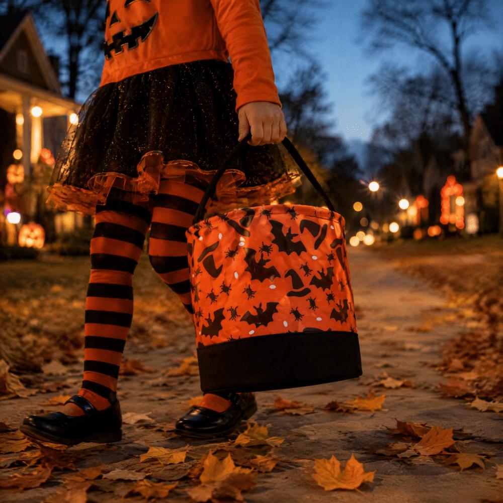 Reversible Design Halloween Tote Bags Soft Round Cylinder Pumpkin Baskets For Kids