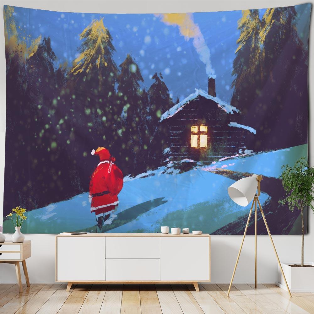 Christmas Tapestry Wall Hanging Winter Night Snowflake Elk Santa Claus Hanging Fireplace Blanket Gift Home Wall Decorations